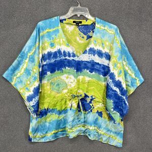 Chaps Shirt Womens Large Blue Green Tie Dye‎ V Neck Kimono Sleeve Drawstring
